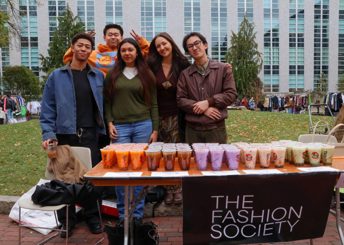 Fashion Society e-board members pose for a photo while selling boba. For $6, students could choose from a variety of flavors like lavender, matcha and milk tea.