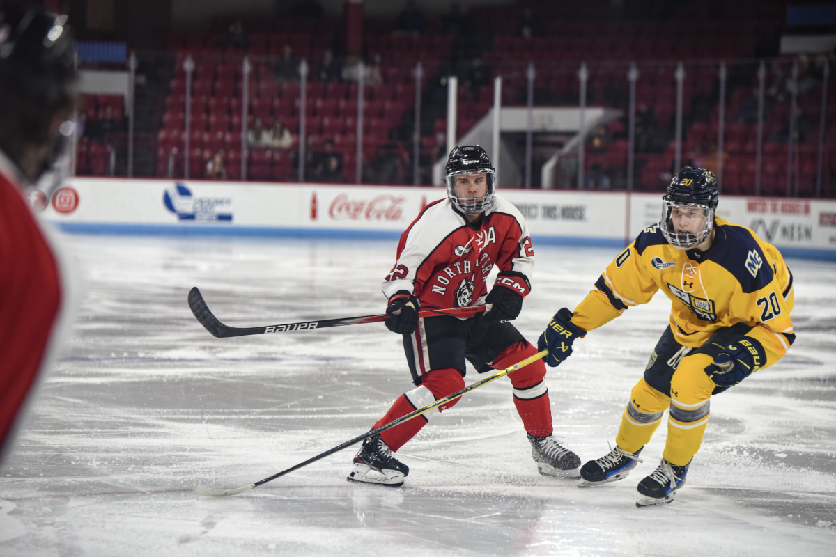 Vinny Borgesi stands alert against Merrimack March 13. The Husky notched career-highs in goals and assists last season.