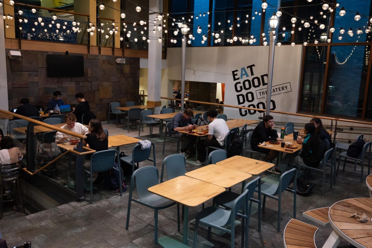 Students chat and eat meals in The Eatery at Stetson East. Many students with food allergies and dietary restrictions described having trouble finding safe food in the university's dining halls.