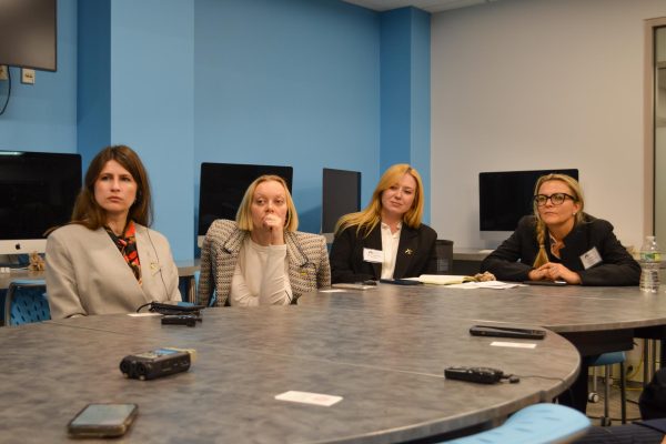 Alina Anatoliivna Karban, Kateryna Leonidivna Yablinska, Inga Vyshnevska and Yevheniia Yemshenetska (left to right) participate in the U.S.-Ukraine Foundation discussion. The four delegates shared insights into how U.S. media coverage of Russia's war against Ukraine could be improved.