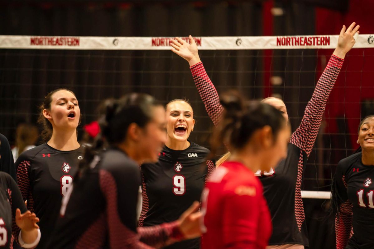 The Huskies celebrate during a match against Stony Brook Oct. 25. The team notched back-to-back 3-1 victories over Campbell in its final home games of the season Nov. 9 and 10.