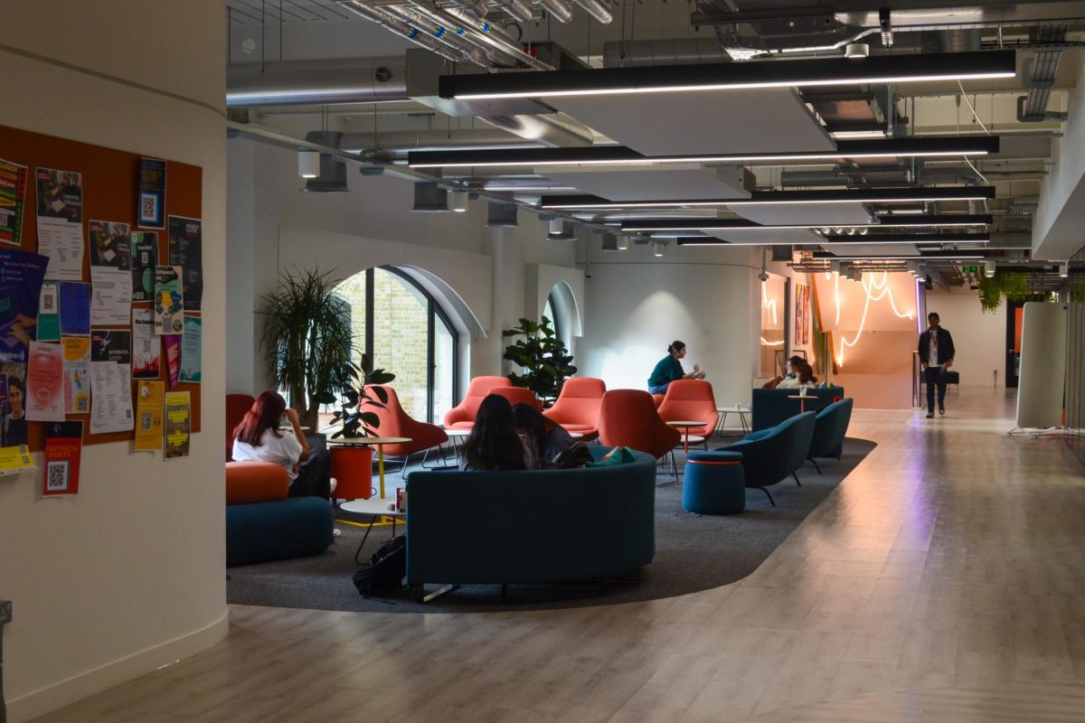 Students study at the first floor lounge of the London campus. Northeastern bought the campus to add a London location for students who wanted to study abroad. Photo courtesy Ahana Sinha