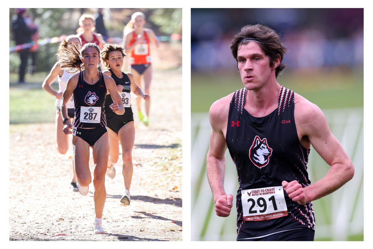 Abigail Hassman (left) and Benjamin Godish participate in cross country races. Hassman earned the 2024 title CAA Cross Country Runner of the Year while Godish became one of only 10 male runners in the program’s history to become an individual CAA cross country champion. Photos courtesy Jim Pierce, Northeastern Athletics.