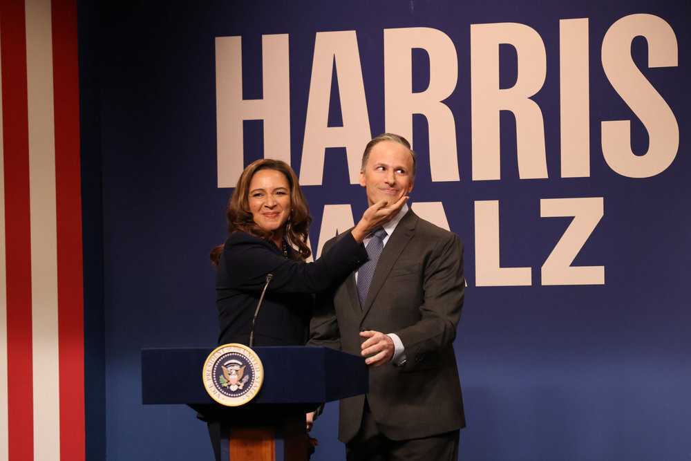 Maya Rudolph (left) and Andy Samberg star as Kamala Harris and Douglas Emhoff, respectively, in an SNL skit about the 2024 presidential election. The real Kamala Harris made a surprise appearance in another skit later in the season. Photo courtesy Will Heath, NBC.