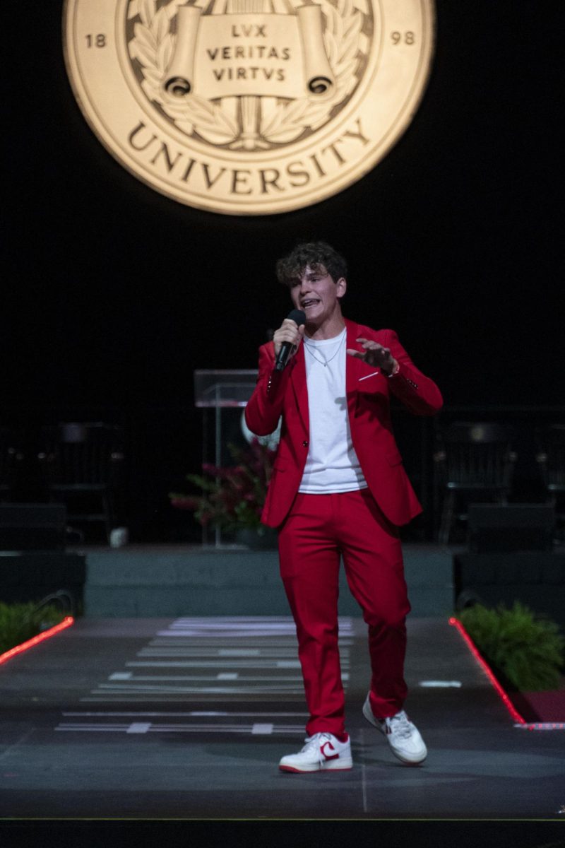 Sam Iannone speaks during convocation in September 2024. The mayor of Huntington Avenue tradition started in 1950.