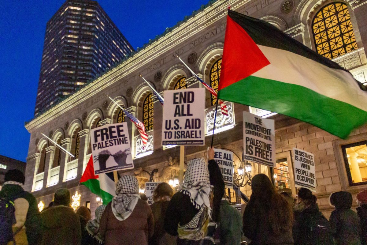 Pro-Palestine demonstrators gather in front of the Boston Public Library Copley branch to advocate for a ceasefire Jan. 16.  Read more here.