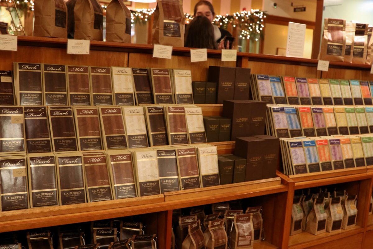 Rows of chocolate sit on display at L.A. Burdick Chocolates.