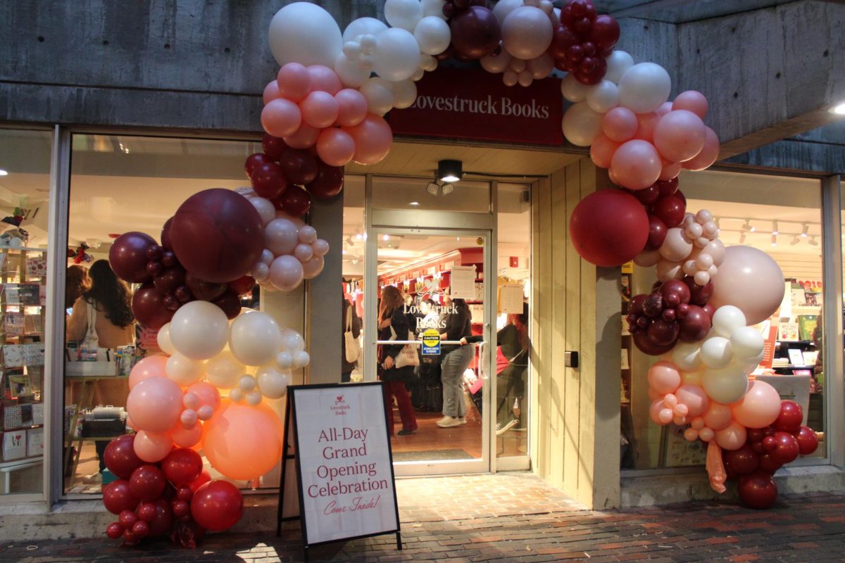 Lovestruck Books decorates its exterior with pink, white and magenta balloons. Alongside books, the store set out candy and hosted multiple raffles throughout their opening weekend.