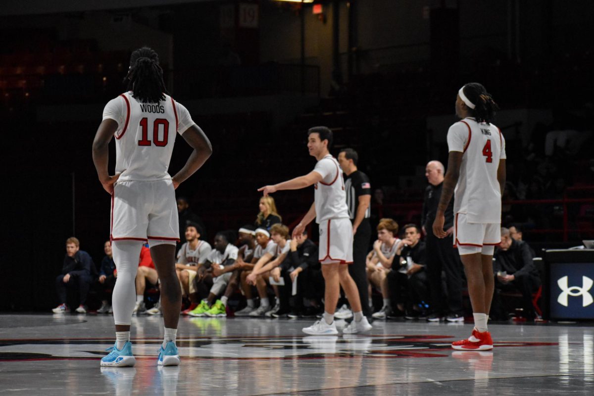 Harold Woods and Rashad King stand, waiting for the opposing team to bring the ball down the court Dec. 3, 2024. King notched 19 points against Drexel Jan. 23.