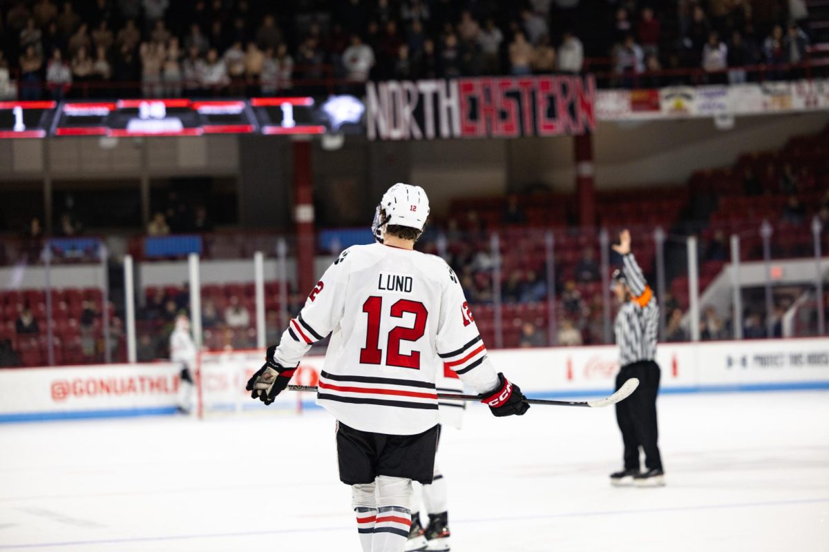 Cam Lund looks up to the Doghouse Nov. 16. Lund came to Boston in 2022 ready for action; his freshman season he was named on the Hockey East All-Rookie Team after he  recorded 23 points with seven goals and 16 assists.