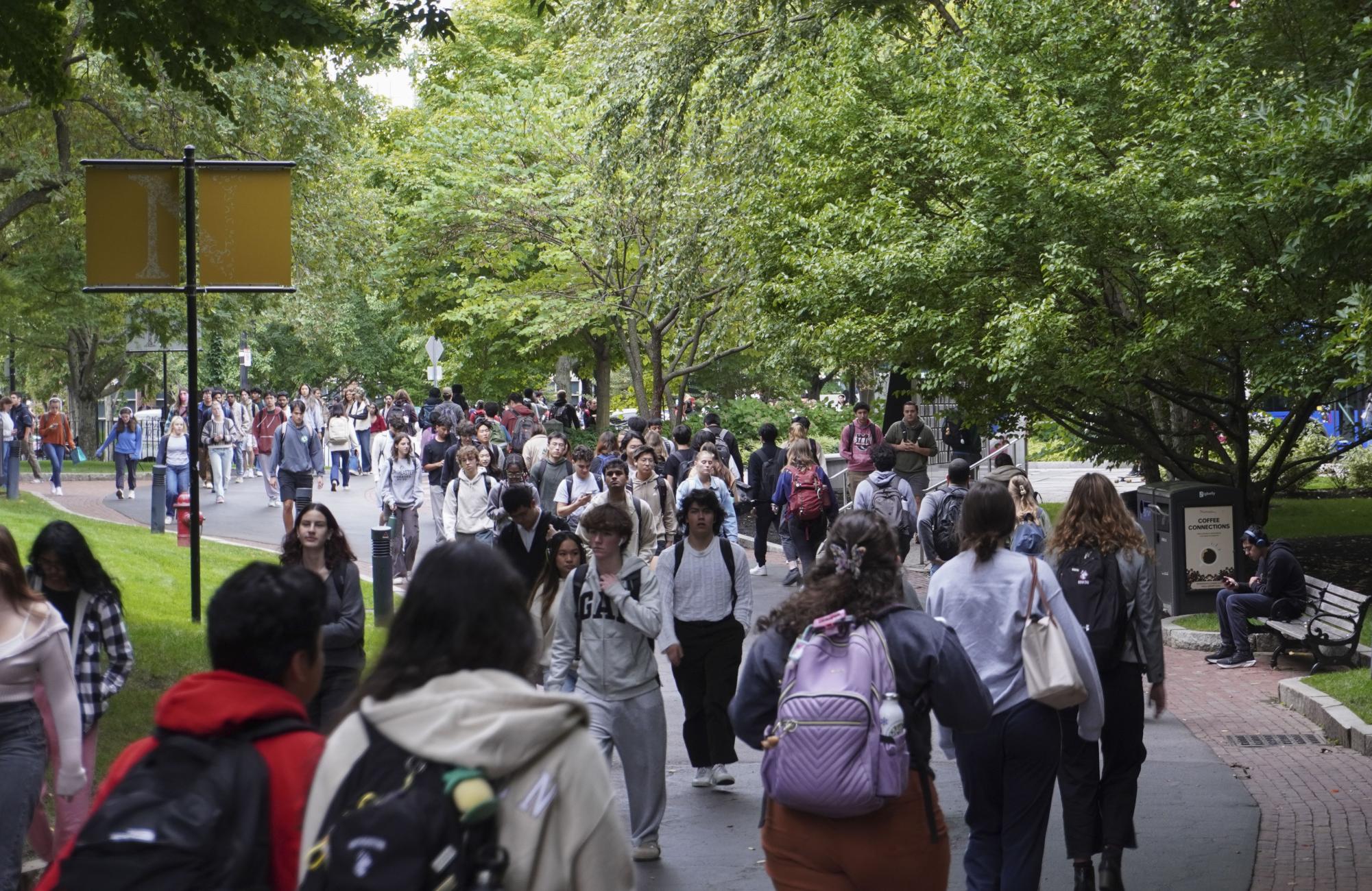 Students on the Boston campus walk to and from classes. Northeastern's undergraduate enrollment increased 63.2% since 2013.