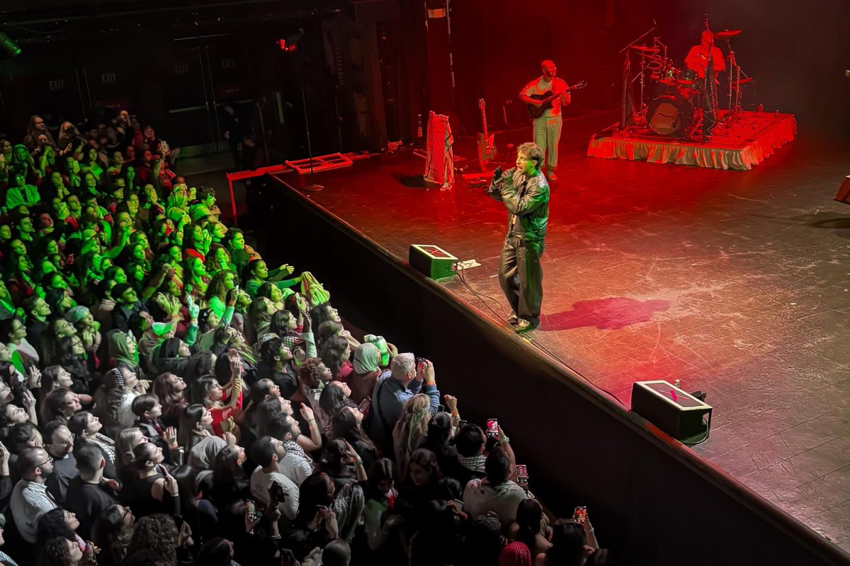 Saint Levant raps to a cheering audience. Throughout the event Saint Levant displayed red, white and green lights reminiscent of the Palestinian flag.