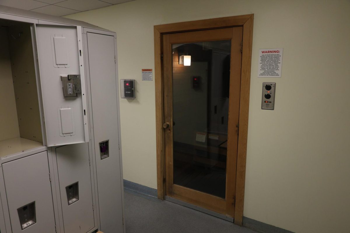 A door to a sauna in SquashBusters Center. Sauna temperatures typically ranged from 155 to 195 degrees Fahrenheit.