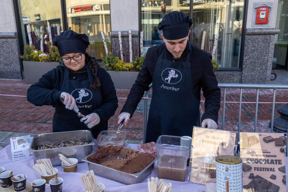 Amorino Gelato
 employees scoop chocolate gelato topped with a chocolate wafer cookie for people as they walk by their table. Despite the cold weather, people gladly accepted the gelato.