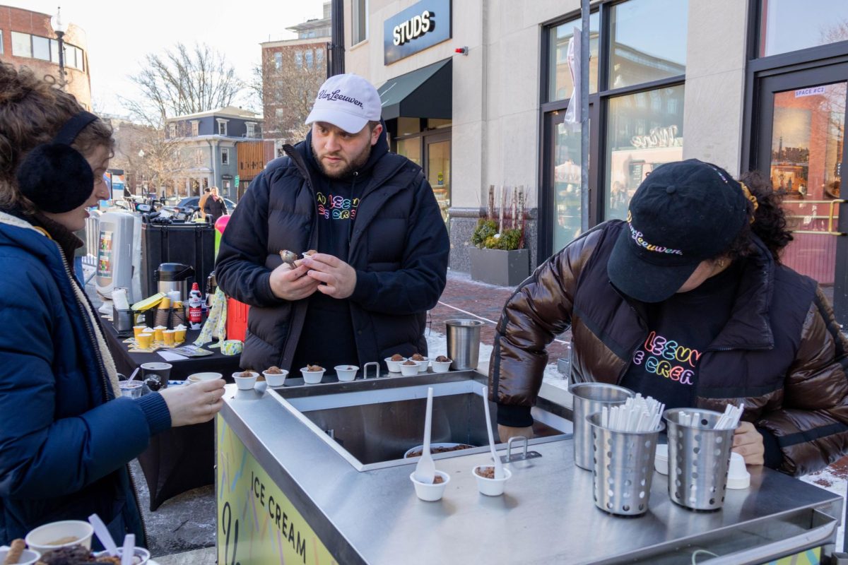 Van Leeuwen Ice Cream employees scoop miniature bowls of chocolate ice cream for the tasting event. The decadent ice cream could be quickly washed down with Mexican hot chocolate from 
El Jefe’s Taqueria
 table beside it.