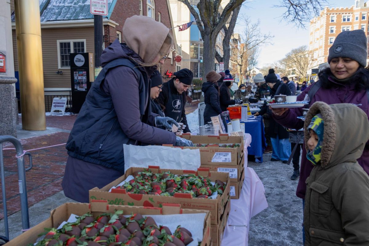 A child smiles in anticipation of a chocolate strawberry as his mom holds a plate of previously acquired chocolate goodies. Plates were given at the start of the line and were piled high with sweet treats by the end of the vendor row.