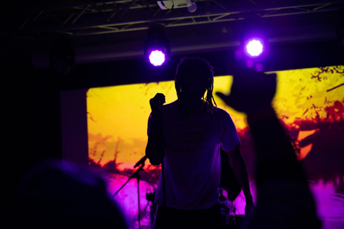 Tom stands silhouetted against the backdrop while a fan raises his hand. Tom led the audience in a wave motion at the beginning of the concert.