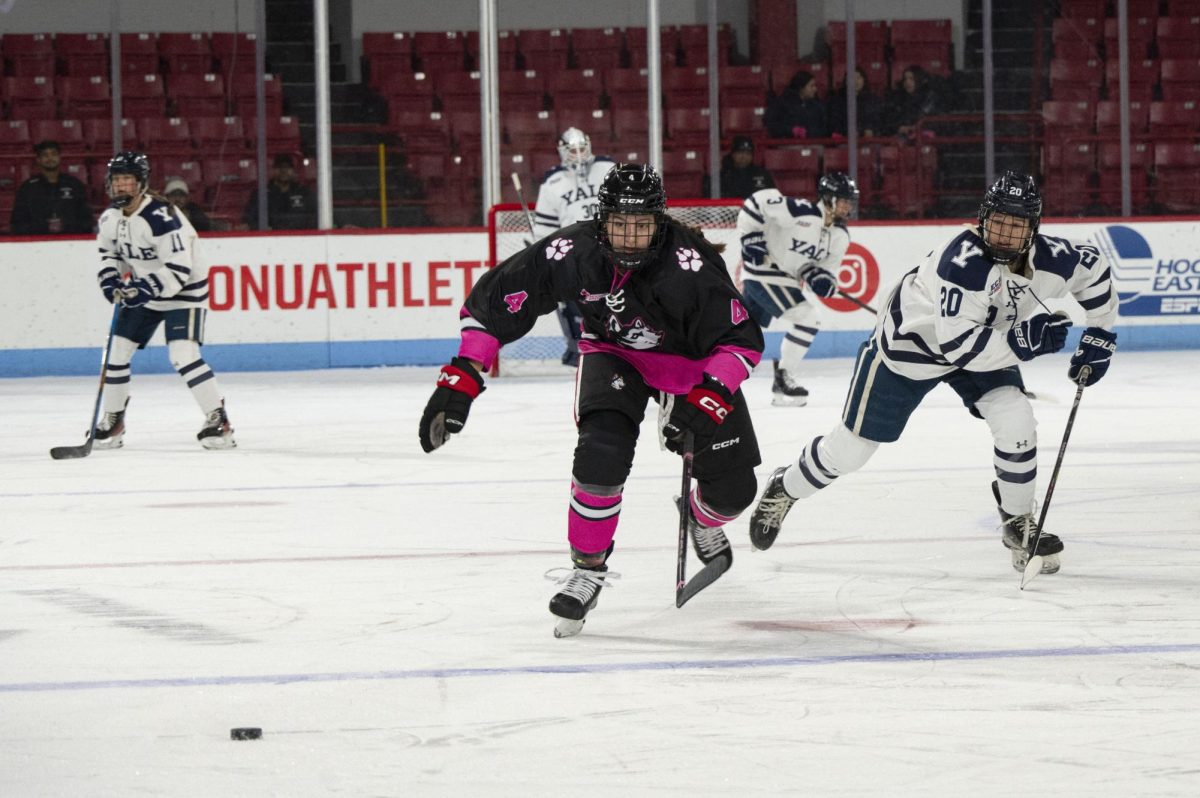 Senior defender Tory Mariano charges down the ice. Northeastern scored 11 points in the last three games with goals scattered across the lines, proving a depth in offense to be its new winning factor.
