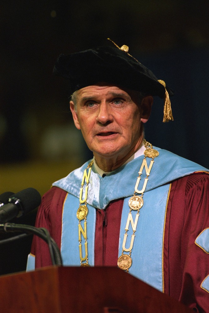 John A. Curry speaks at commencement in June 1995. Curry was Northeastern's fifth president and served from 1989 to 1996. Photo courtesy Northeastern University Library, Archives and Special Collections.