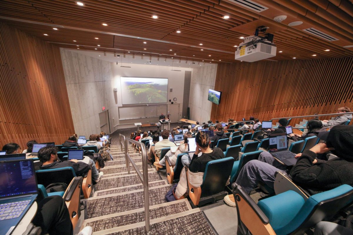 Students sit in a lecture in Churchill Hall. The classroom was built for classes with more than 100 students.