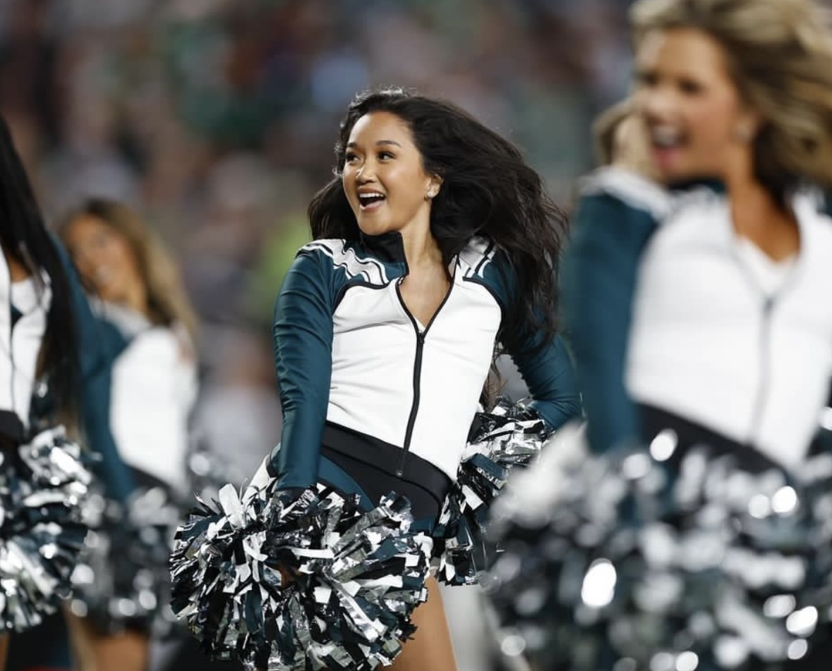 Pe Benito dances on the field at Lincoln Financial Field. Pe Benito grew up in East Brunswick, New Jersey before attending Northeastern. Photo courtesy Philadelphia Eagles, Brian Garfinkel. 