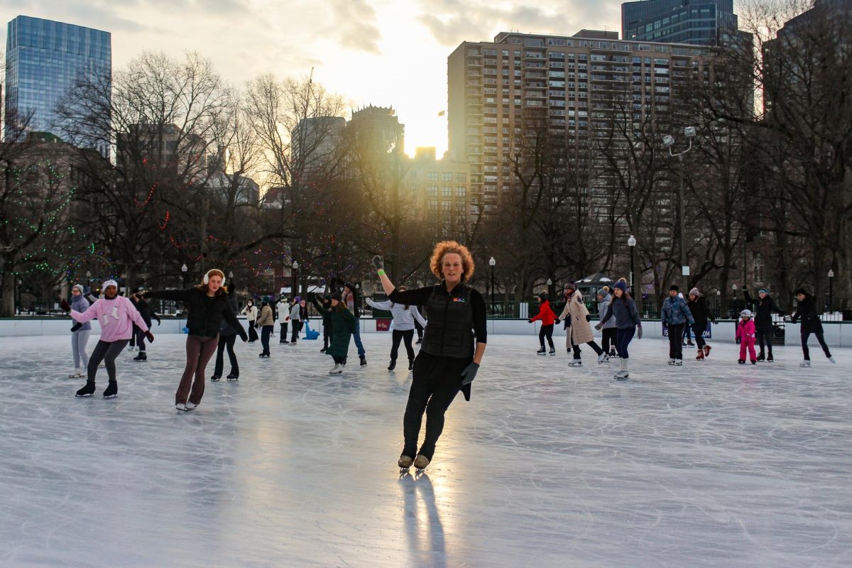 Schran guides her students through the technique of leaning side to side while skating as the sun rises behind them. For the past three years, the class was held at The Rink at 401 Park in Fenway, but Schran said she is now proud to teach at the historic and scenic Frog Pond.