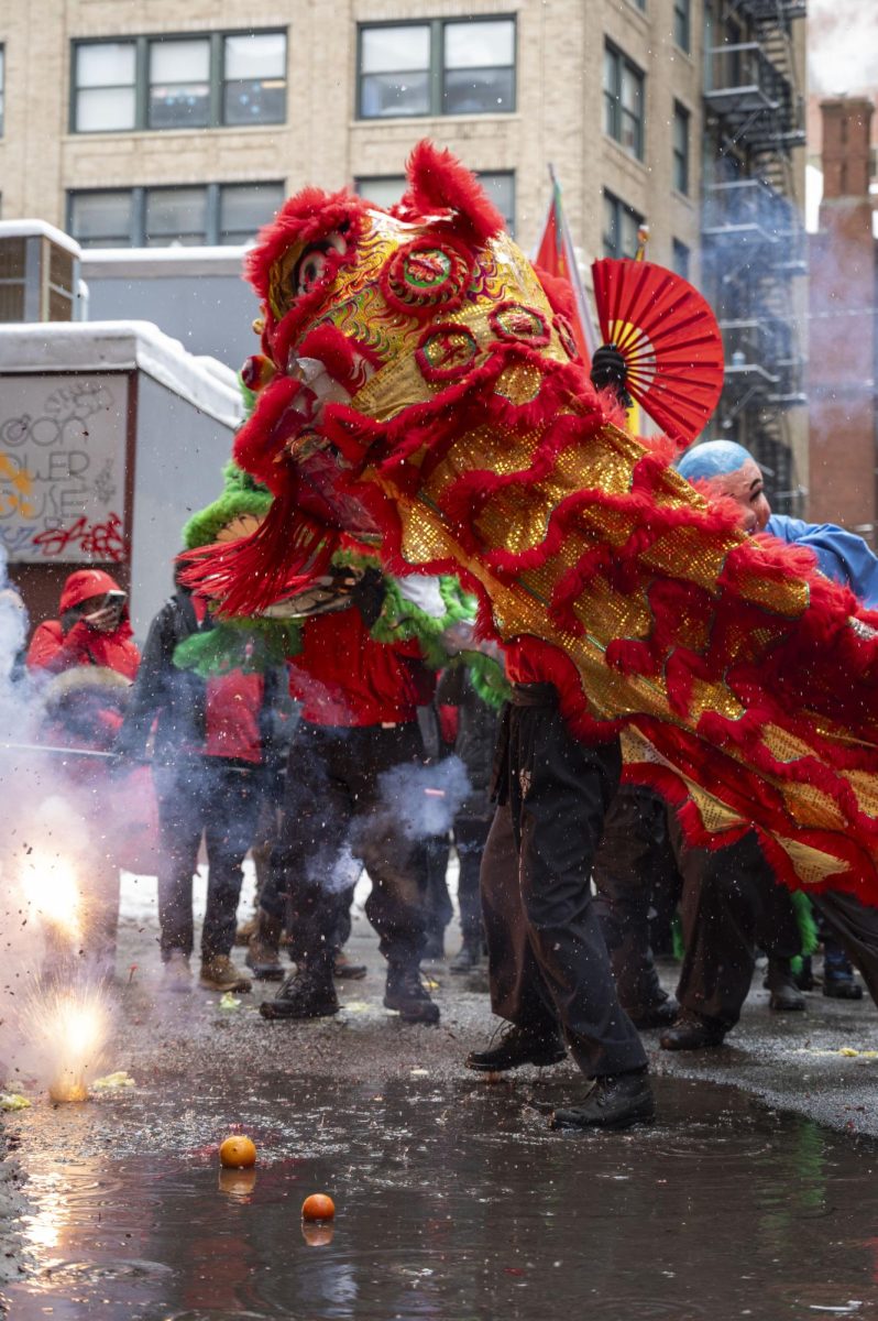 A red lion dances in front of CoCoHead Hair Studio while fireworks are set off. Many dancers had to perform in puddles of water formed from melted snow.