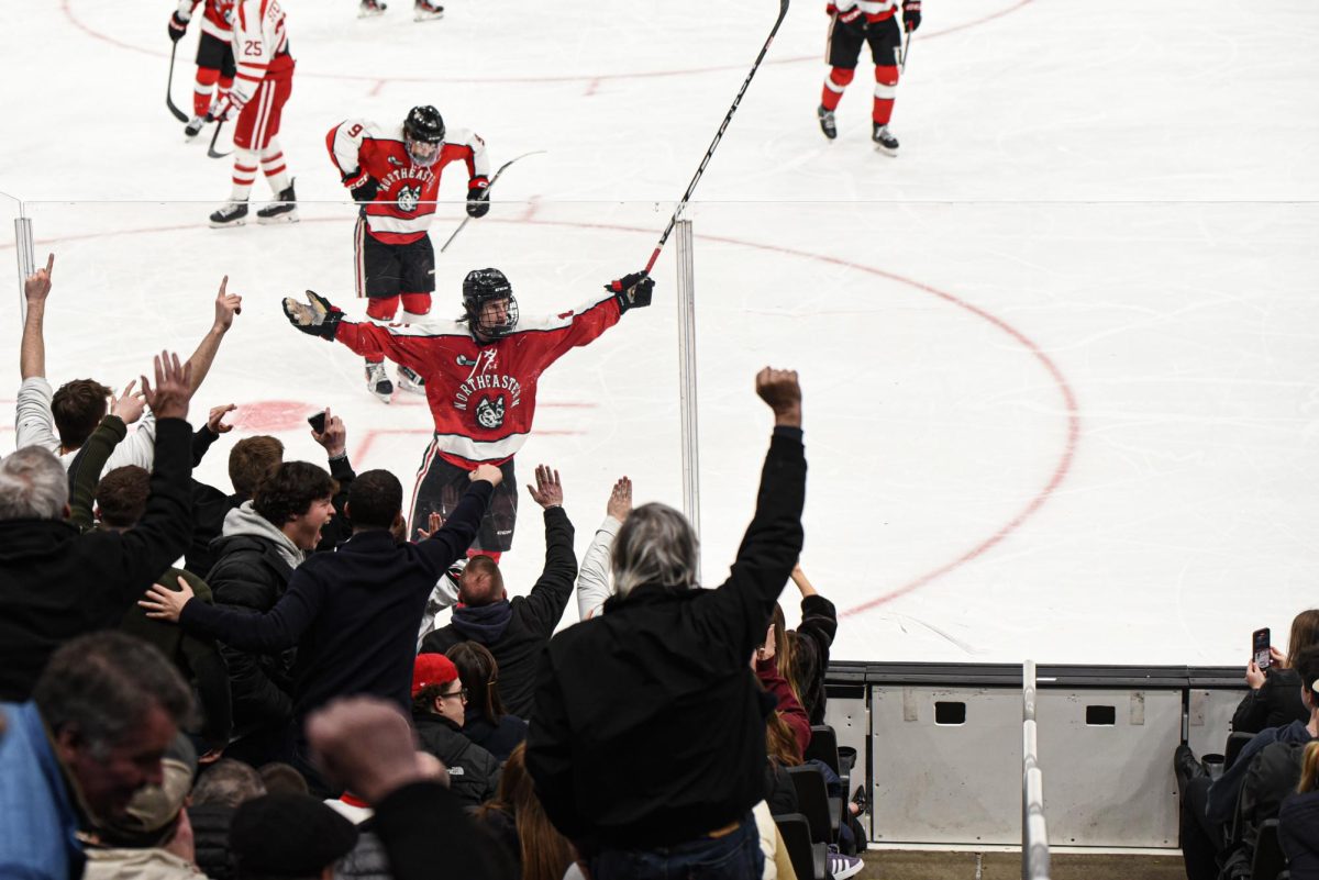 Jack Williams celebrates his power-play goal during the Beanpot 2024 championship Feb. 12, 2024. Williams collected 12 goals and 17 assists this season. File photo by Sofia Sawchuk.