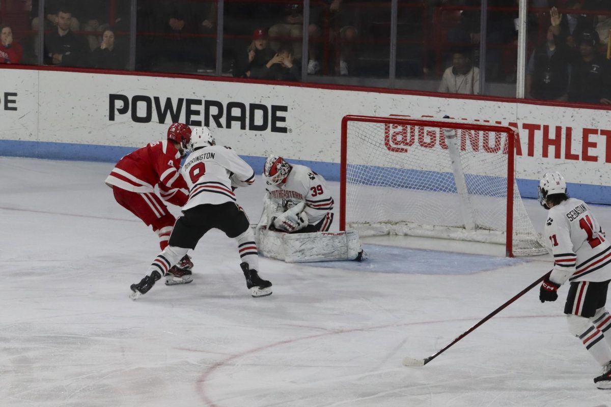 Cameron Whitehead collects the puck in his glove for a save. Whitehead tallied 50 saves against Boston University Feb. 21 and 22.
