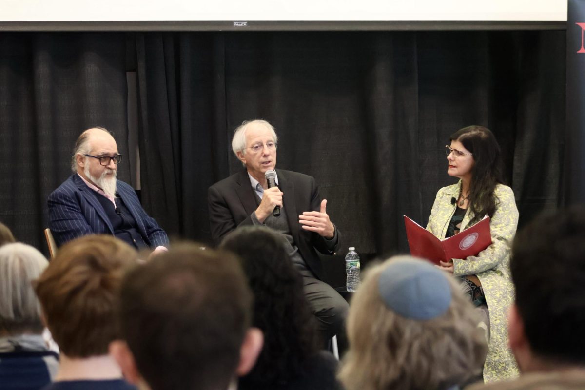 Ghaith al-Omari (left), Dennis Ross (center) and Professor Denise Garcia discuss Northeastern's future diplomacy and action toward Palestine and Israel during The Future of the Middle East Peace Process. A Q&A after the initial questions offered more insight into administrative goals.