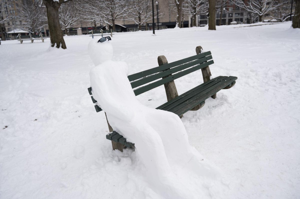 A snow person with sunglasses sits on a bench in Boston Common. The powdery texture of the snow allowed the figure to keep its form.