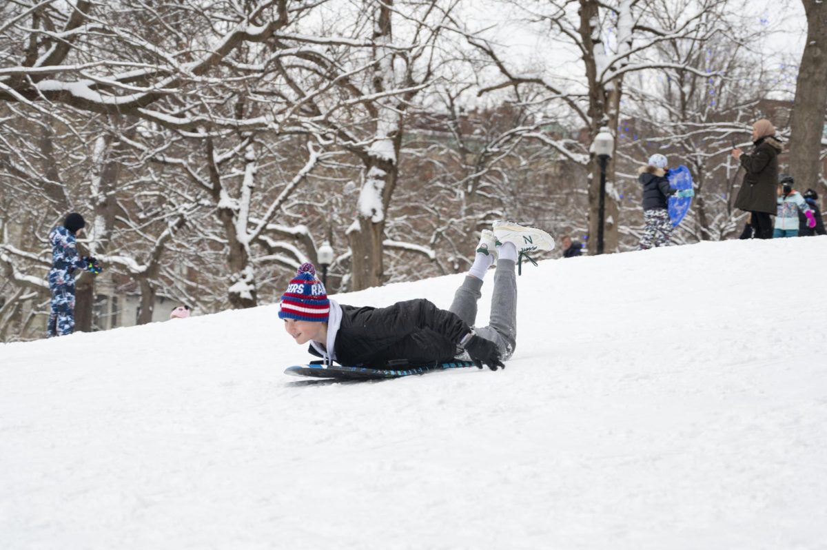 A child sleds down the Boston Common hill face first. He used his hands to push himself forward for more momentum.