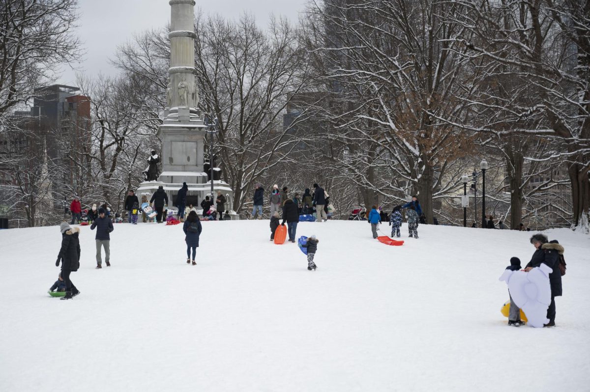 Dozens of people walk up the Boston Common hill with colorful sleds. Some sleds were plastic and made for one person, while others were inflatable and made for multiple people at once.