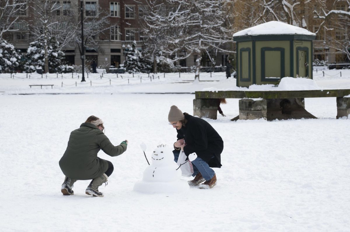 A man takes a picture with a snowman on the frozen Public Garden pond. Snowmen of all sizes and shapes could be found throughout the Public Garden and the Common.