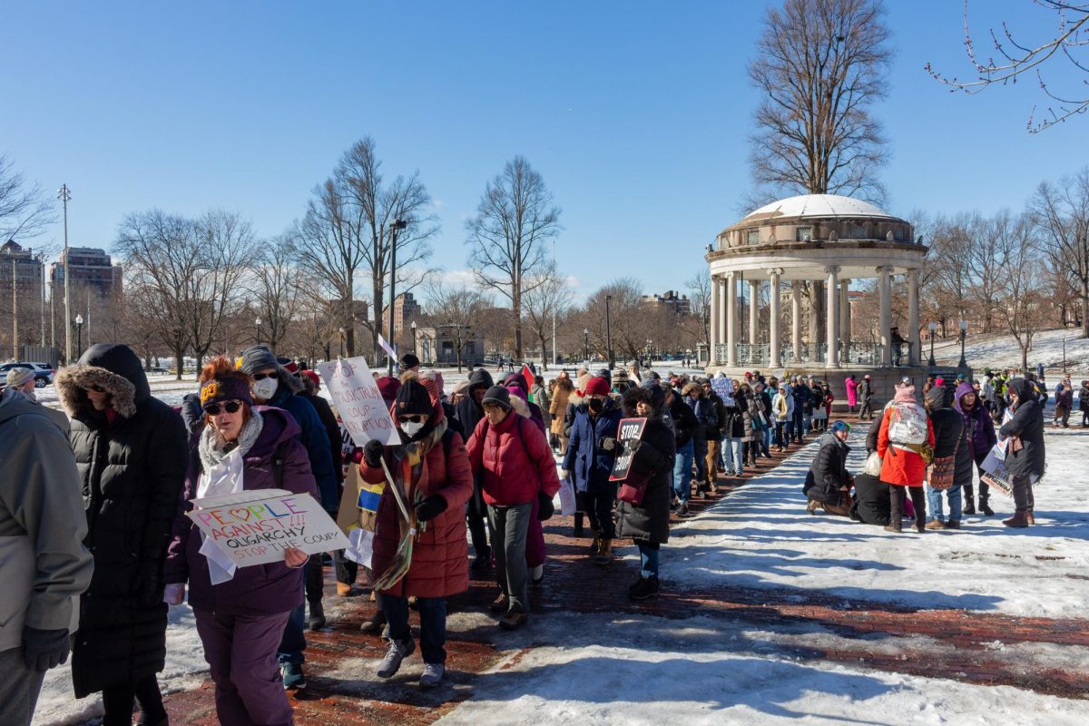 Demonstrators prepare to march from Boston Common toward the JFK Federal Building. There were more than a thousand attendees of the event, with marshals and police guiding them through the streets.