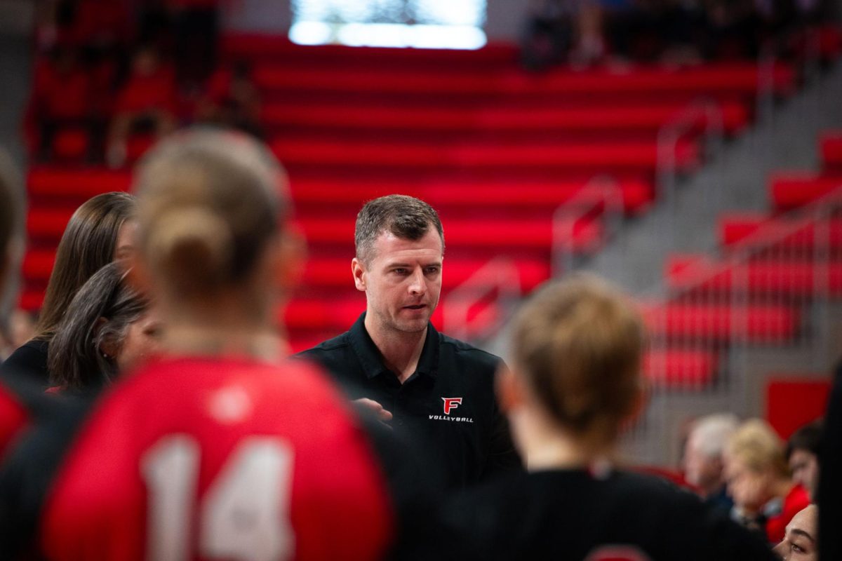 Brendan McGourn talks to his team at Fairfield. McGourn was hired as the women’s volleyball head coach. Photo courtesy Fairfield Athletics.