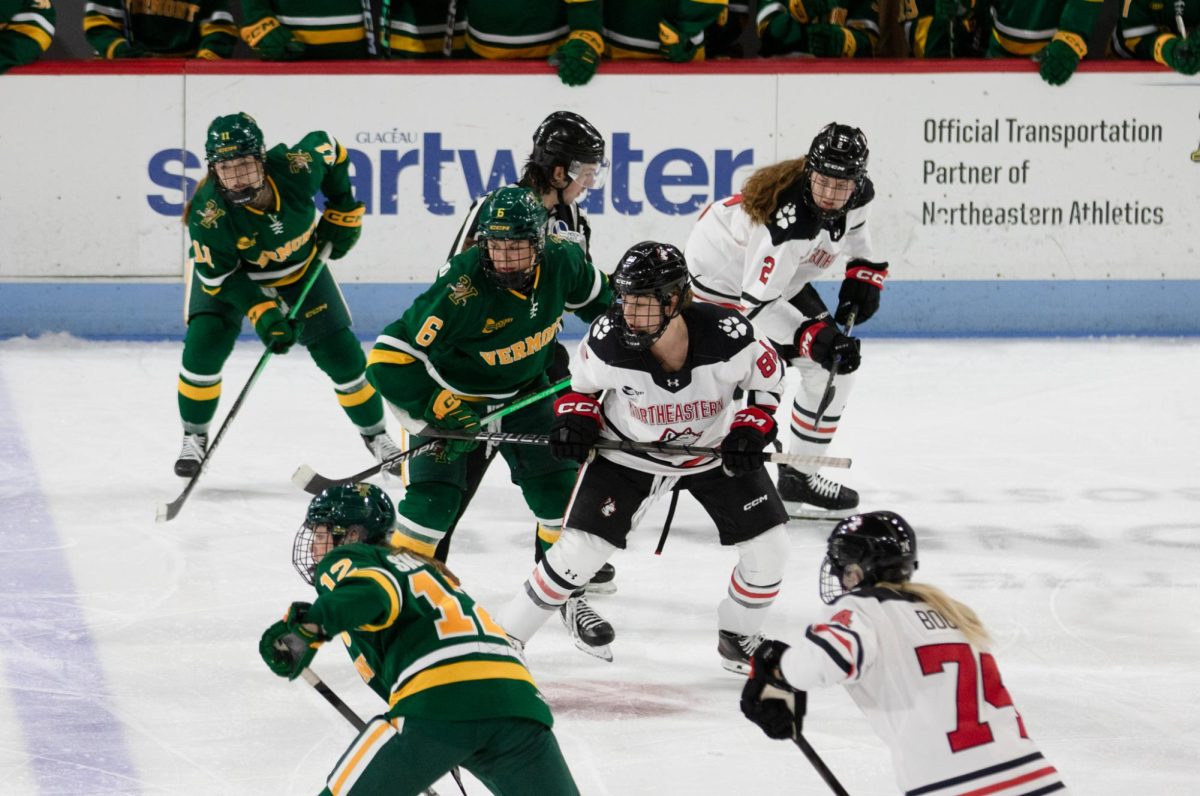 Vermont wins a faceoff. The Huskies, who have only had two previous come-from-behind victories this season, appeared scattered in the third period.