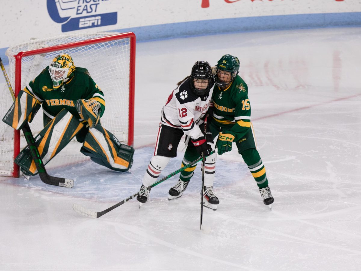 Morgan Jackson fights to stay in front of the net, in hopes to empty the puck into the net. Jackson had two shots against Vermont Jan. 31.