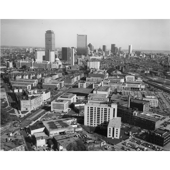 An aerial view of Northeastern's Boston campus in 1974. Northeastern was originally a small commuter school and has since expanded its Boston campus to be 73 acres large. Photo courtesy Northeastern University Library, Archives and Special Collections.