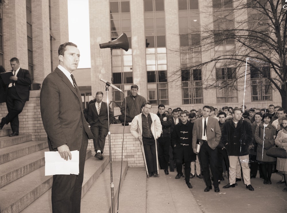 A speaker at an anti-Vietnam war rally in Krentzman Quad Dec. 3, 1965. Throughout Northeastern's history, various presidents commented on pivotal world events. Photo courtesy Northeastern University Library, Archives and Special Collections.