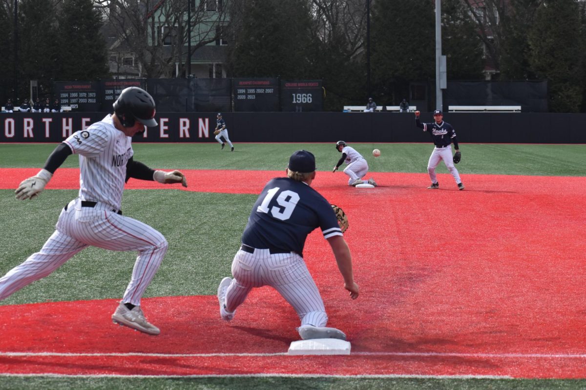 A Husky sprints to first base March 29, 2024. Northeastern pulled off their first sweep of the season against SDSU March 7 to 9.