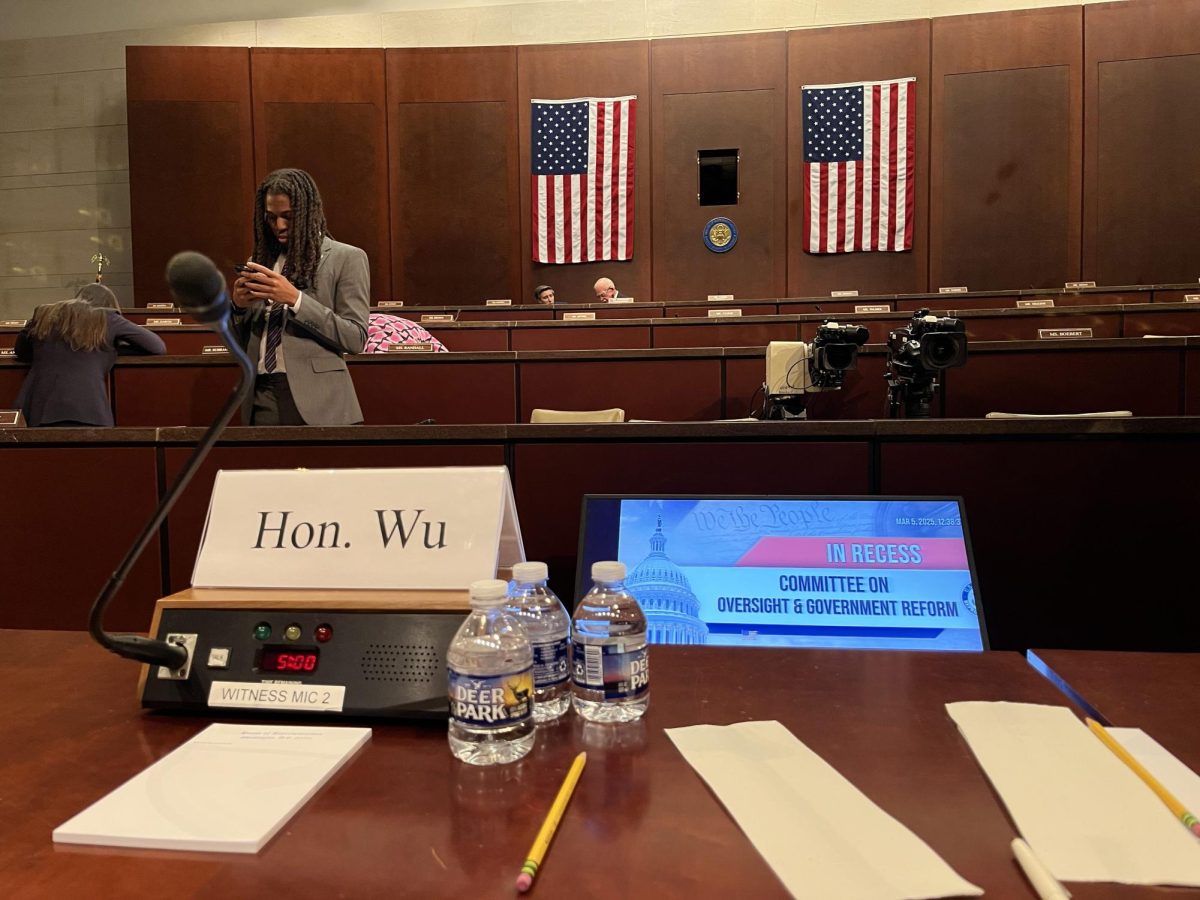 Wu's placard sits facing the House Committee on Oversight and Government Reform. The mayor faced questions about Boston's law enforcement policies and immigrant population.