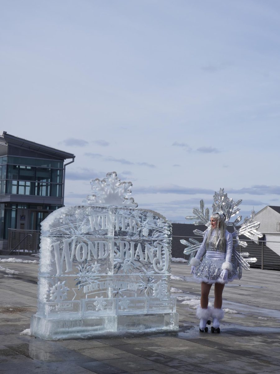 A woman on rollerblades dressed as a festive snowflake stands next to an ice sculpture with the “Winter Wonderland” logo. Performers dressed as Anna and Elsa from “Frozen” arrived later and served as entertainment for the younger attendees.