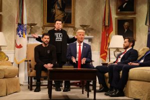 Mikey Day as Ukraine President Volodymyr Zelenskyy, Mike Myers as Elon Musk, James Austin Johnson as Donald Trump and Bowen Yang as JD Vance (left to right) in an "SNL" skit March 1. Andrew Dismukes portrayed Northeastern DOGE engineer Edward Coristine later on in the skit. Photo courtesy Will Heath, NBC.