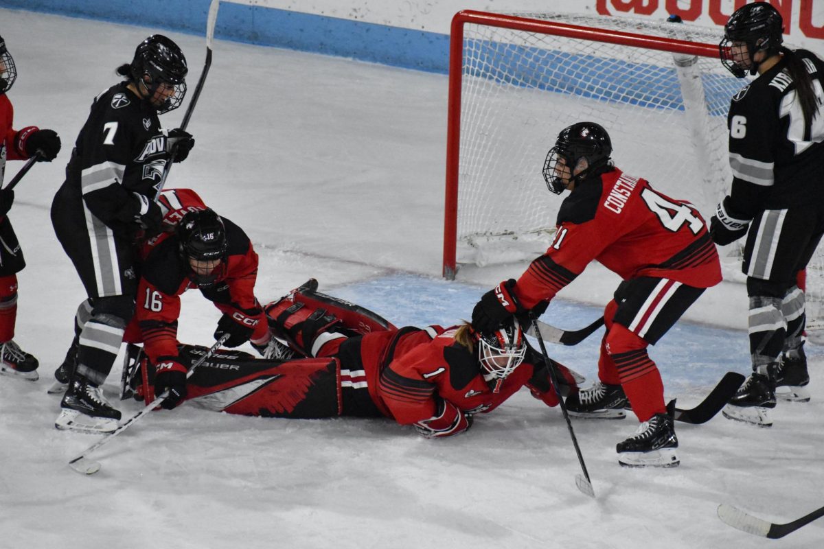 Lisa Jönsson dives for the puck Jan. 18. Jönsson had 36 saves against UConn March 5.