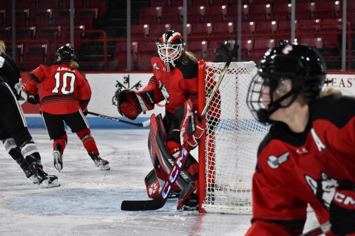 Lisa Jönsson looks down the ice during the Jan. 18 matchup against the Providence Friars. The team faced off against the Friars in the Hockey East quarterfinals March 1.