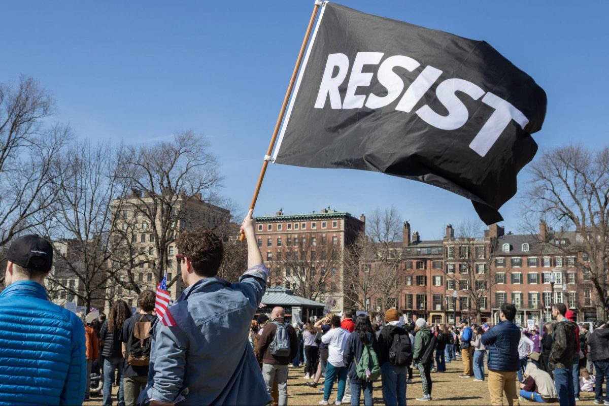 A protester waves a flag while listening to speeches at the rally. Resistance through unity was a major theme among the series of speakers who took the stage.