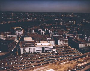 An aerial view of Northeastern's Boston campus May 25, 1985. The number of applicants Northeastern receives increased 52.6% from fall 2020. Photo courtesy Northeastern University Library, Archives and Special Collections.