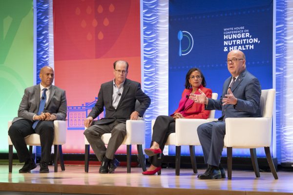 Rep. Jim McGovern (right) discusses nutrition and health with Ambassador Susan E. Rice (middle right), Senator Cory Booker (left) and Senator Mike Braun in Washington D.C. Sept. 22, 2022. McGovern reported in an April 24 statement the death of his daughter, Molly McGovern. Photo courtesy U.S. Department of Agriculture