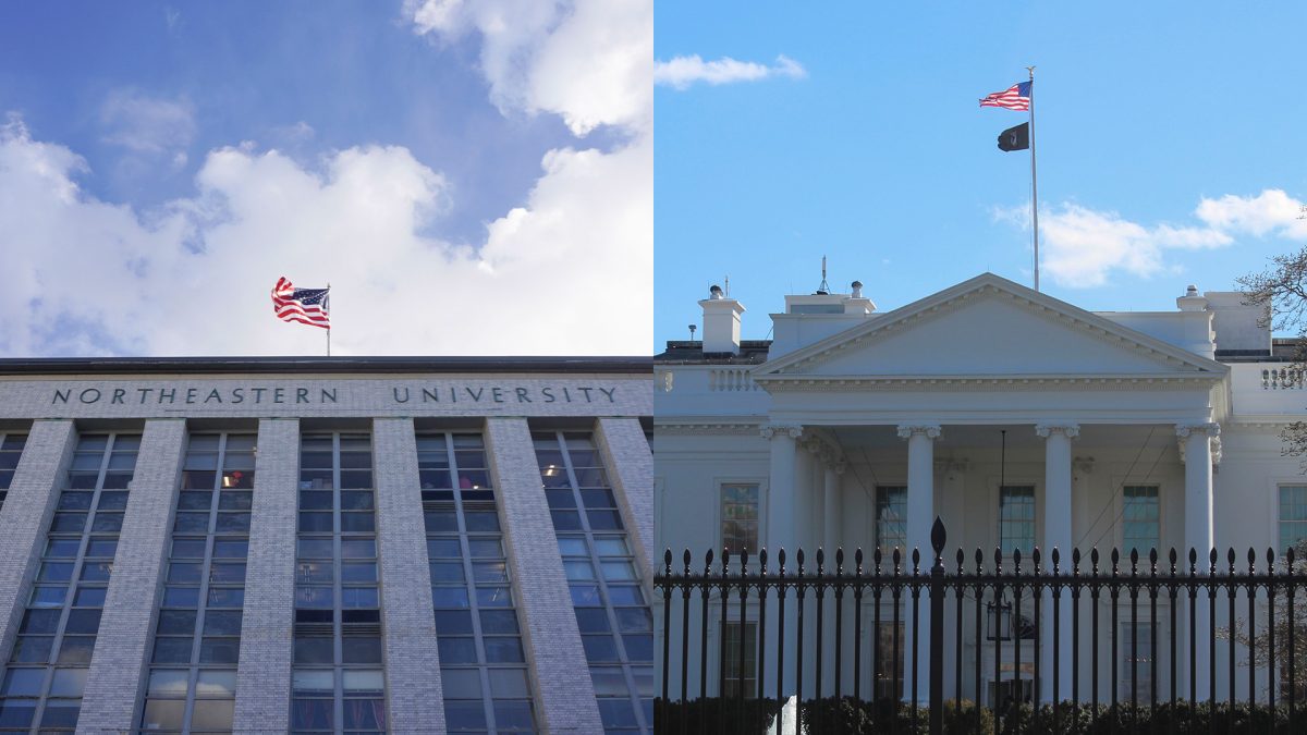 A collage of Northeastern's Ell Hall (left) and the White House. Vijay advises international students to consult legal counsel. Photos by Nia Calais and Zoe MacDiarmid. Collage by Margot Murphy.